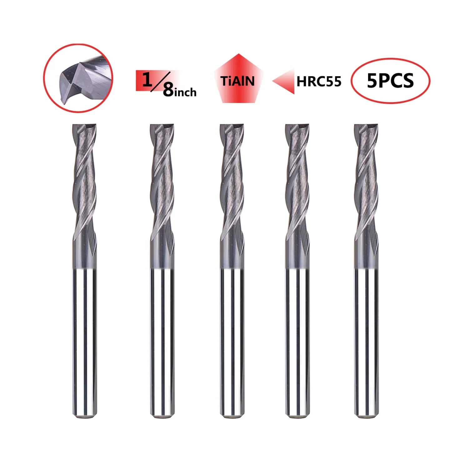 SpeTool 5Pcs 2 Flute 1/8 Inch Router Bit Square Nose Carbide End Mill