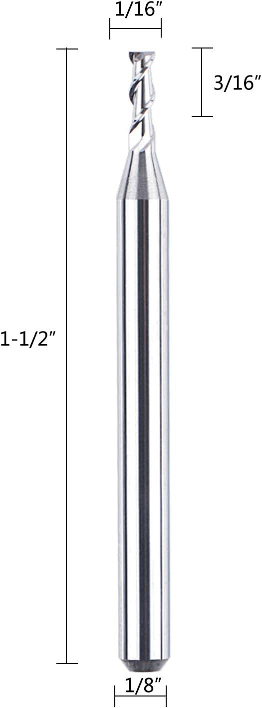 SpeTool A03001 5Pcs CNC SC Spiral Aluminum Cutting 1/16" Dia x 3/16" Cutting Length x 1/8" Shank x 1-1/2" Long 2 Flute Up Cut Router Bits