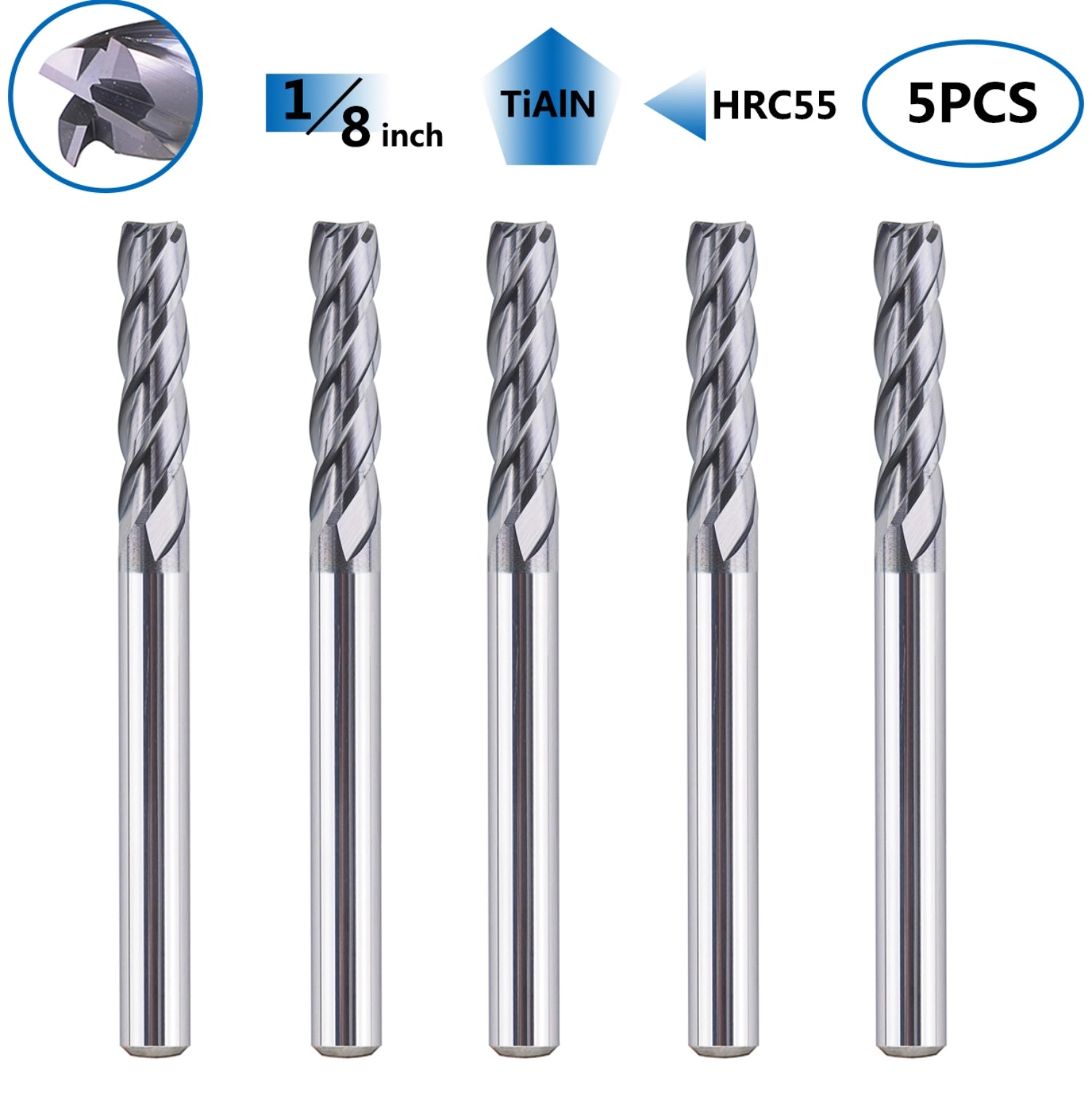 SpeTool 5Pcs 4 Flutes 1/8" Dia Carbide Flat Top End Mill CNC Cutter Tool