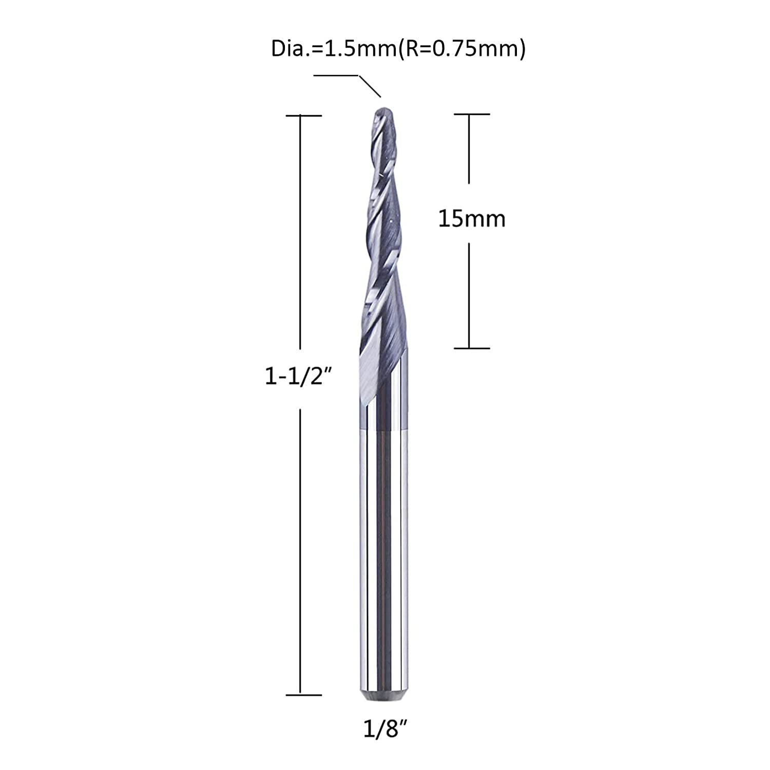 SpeTool Carbide Tapered Endmill Ball Nose Router Bit 0.75mm Radius