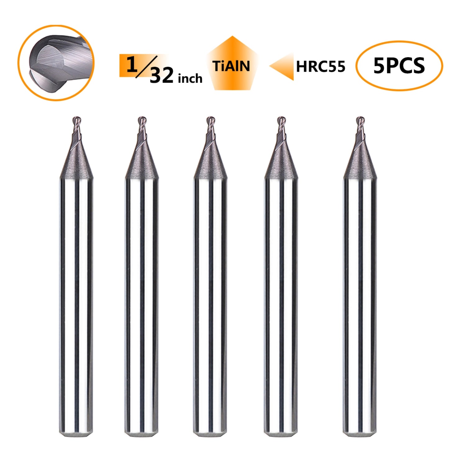 SpeTool 5Pcs Set 2 Flute 1/32" Dia 1/8" SHK Carbide Ball Nose End Mill