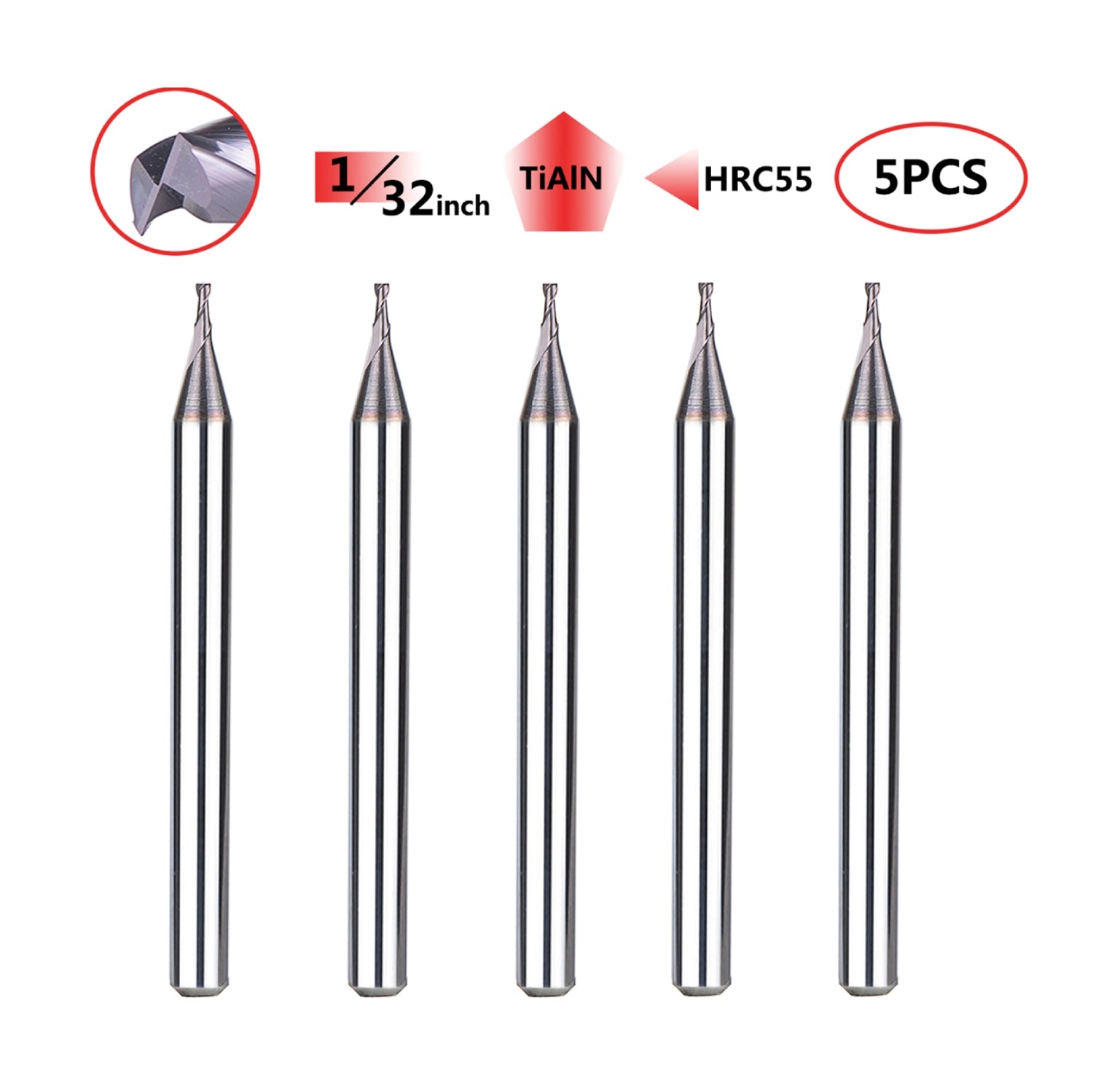 SpeTool 5Pcs/Set Flat Nose 2 Flute 1/32" Dia Carbide End Mill For Steel Maching