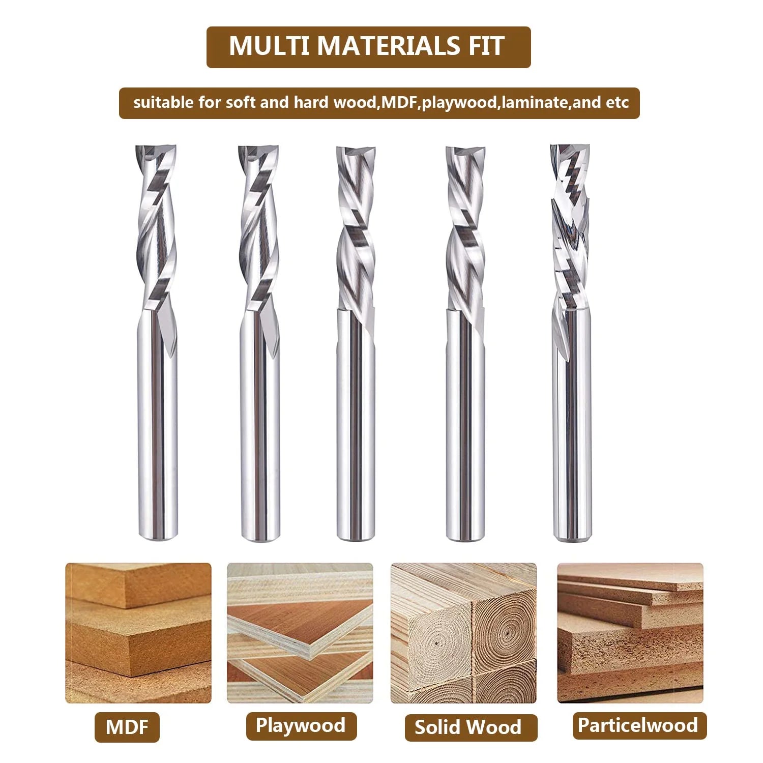 SpeTool WD-4 5Pcs Spiral Router Bits Set 1/4" Shank 1" Cutting Length for Woodworking