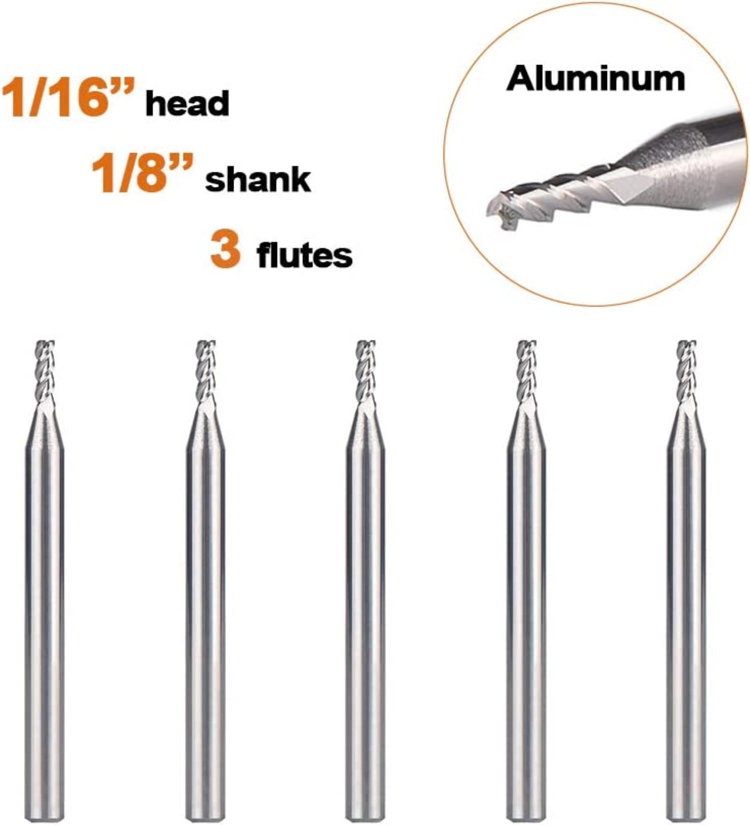 SpeTool 5pcs 1/16" Dia 1/8" SHK 3 Flutes Router Bits for Aluminum Cut