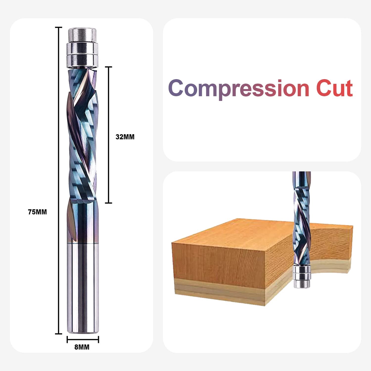 SpeTool EU W07502 SPE-X Coated Solid Carbide Flush Trim Compression Spiral 8mm Dia x 8mm Shank x 32mm Cutting Length x 75mm Long Router Bit