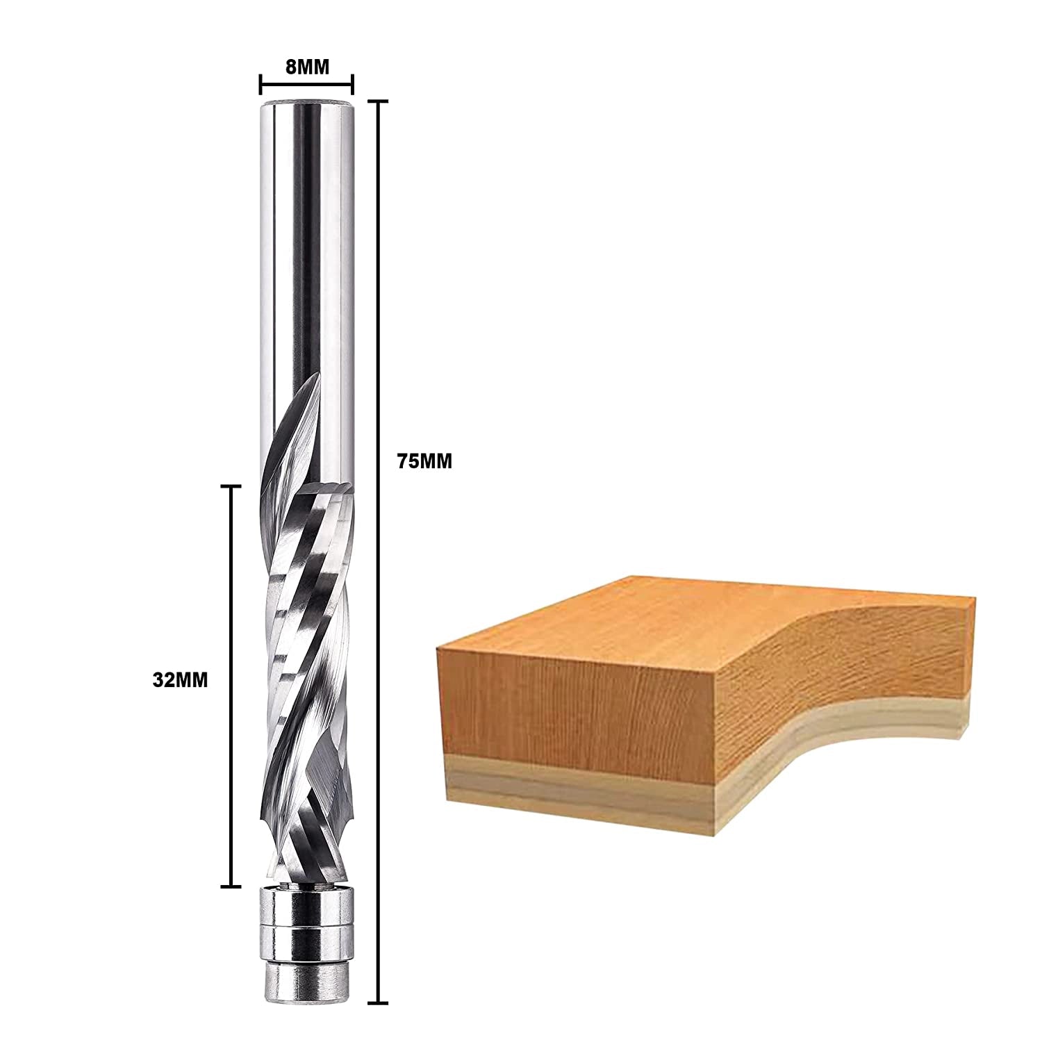 SpeTool EU W07502 Solid Carbide Flush Trim Compression Spiral 8mm Dia x 8mm Shank x 32mm Cutting Length x 75mm Long Router Bit