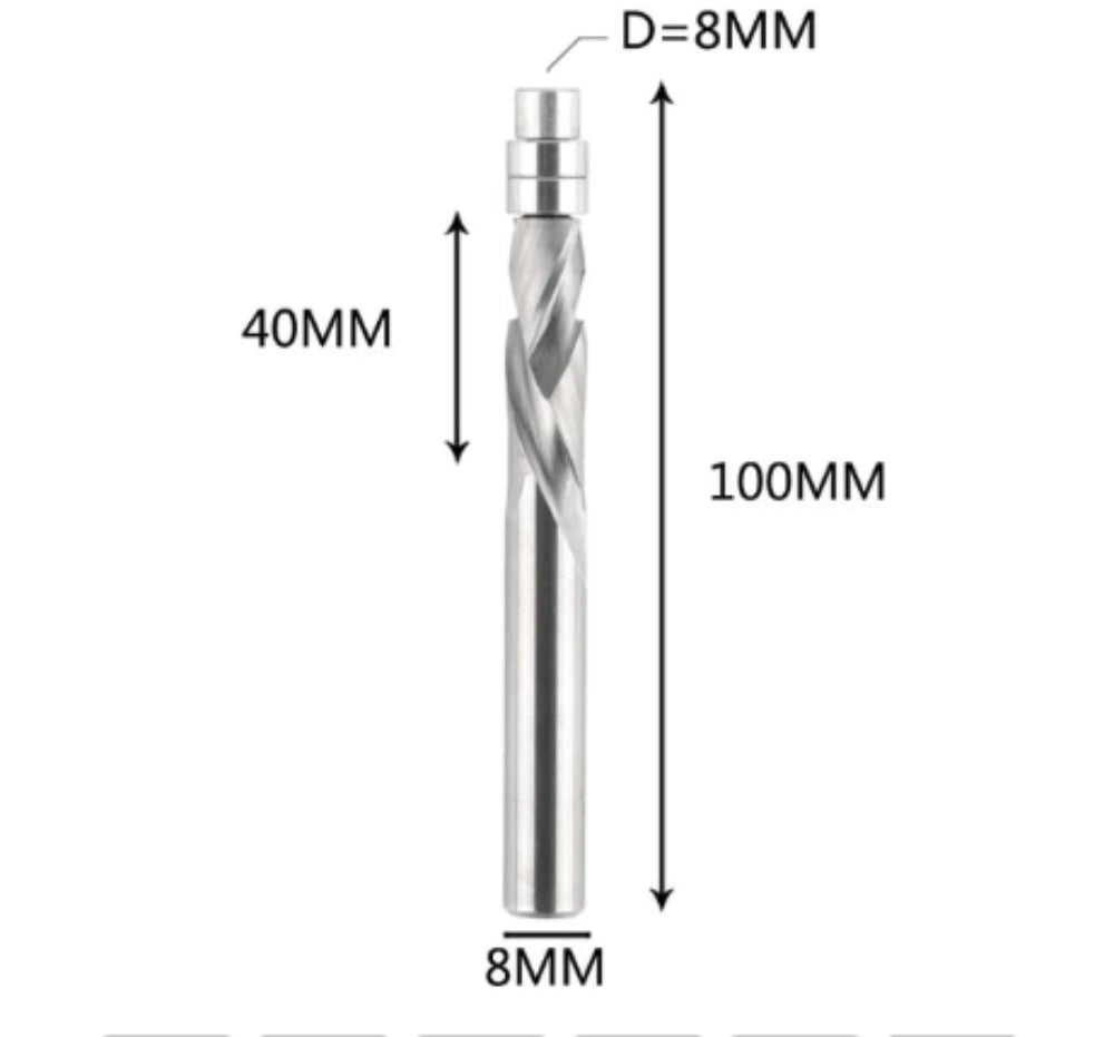 SpeTool EU W07504 Solid Carbide Flush Trim Compression Spiral 8mm Dia x 8mm Shank x 40mm Cutting Length x 100mm Long Router Bit