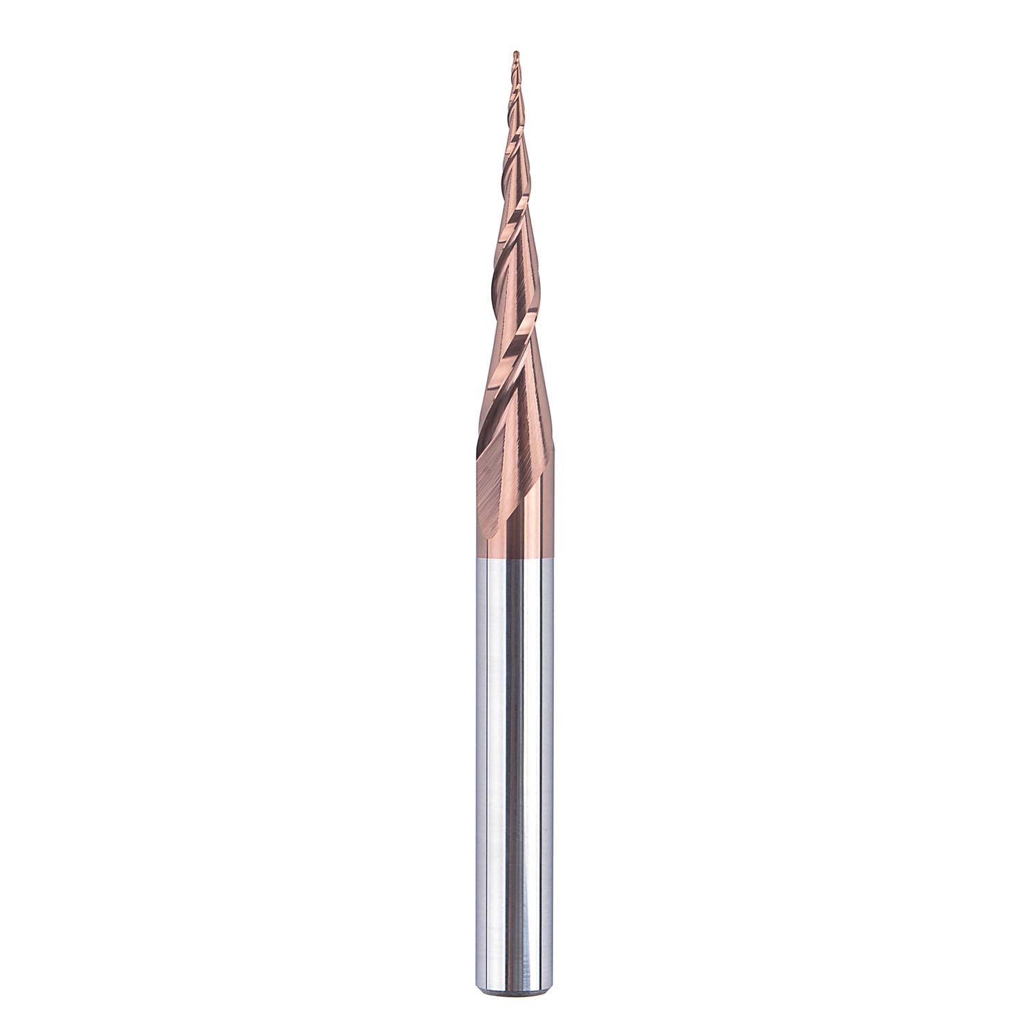 SpeTool W01005 CNC 2D and 3D Carving 5.26 Deg Tapered Angle Ball Nose 0.25mm Radius x 1/4" Shank x 1-1/4" Cutting Length x 3" Long 2 Flute SC H-Si Coated Upcut Router Bit
