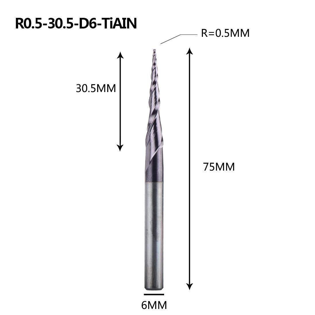 SpeTool EU W01502 0.5MM Radius x 6MM SHANK x 30.5MM CL x 75MM OVL Tapered Ball Nose 2D & 3D Carving Router Bit