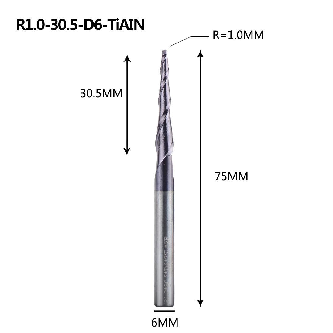 SpeTool EU W01503 1MM Radius x 6MM SHANK x 30.5MM CL x 75MM OVL Tapered Ball Nose 2D & 3D Carving Router Bit