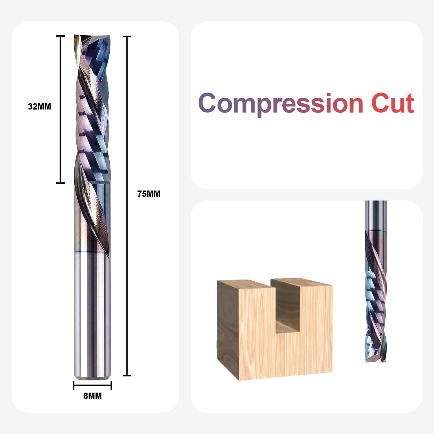 SpeTool EU W02507 SPE-X Coated SC COMPRESSION 2 FL 8MM DIA x 32MM CL x 8MM SHANK x 75MM OVL ROUTER BIT