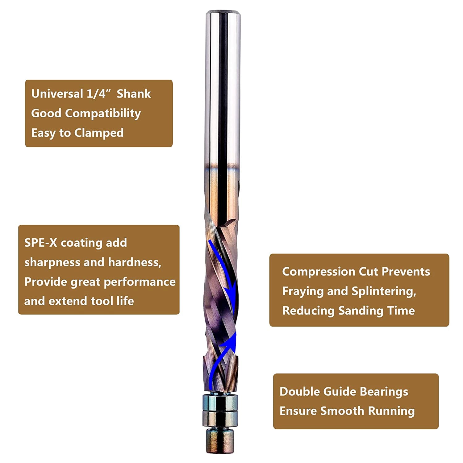 SpeTool SPE-X Coated 1/4 Dia 3" Long Compression Flush Trim Router Bit