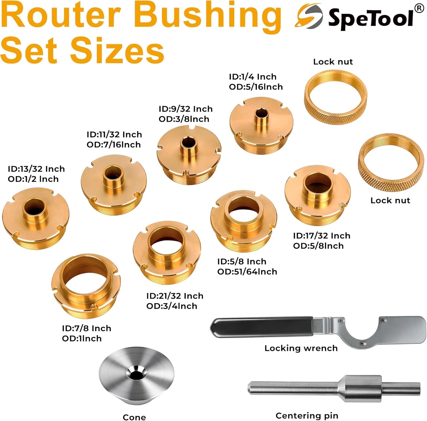 SpeTool O06003 13-Piece Brass Router Template Bushing Guide Set with Locking Wrench, Centering Pin & Aluminum Case – Fits 1-3/16" Router Base