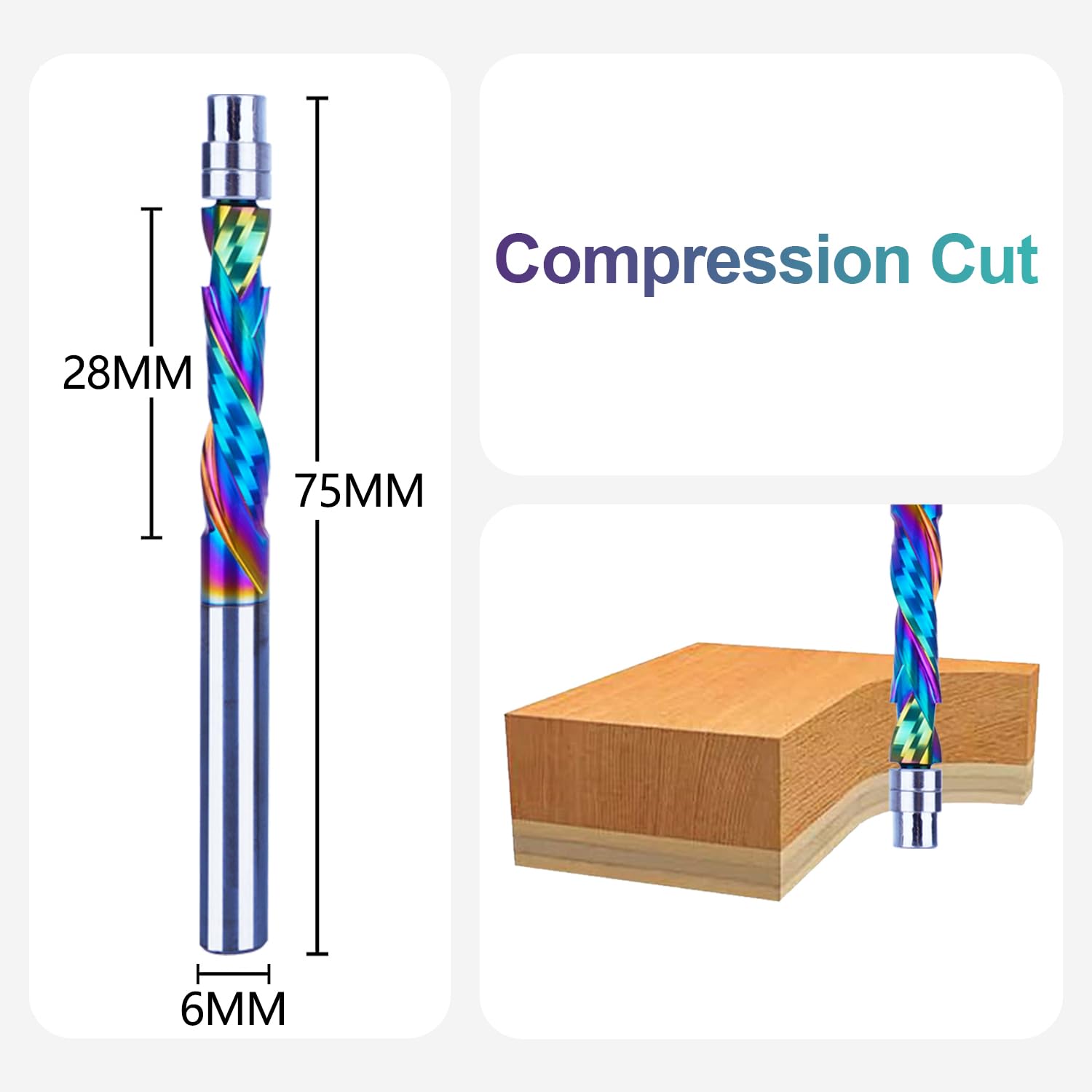 SpeTool EU DLC Coated Solid Carbide Flush Trim Compression Spiral 6mm Dia x 6mm Shank x 28mm Cutting Length x 75mm Long Router Bit