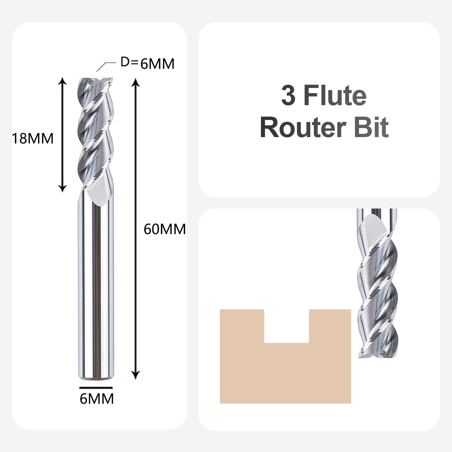 SpeTool Solid Carbide 3 Flutes Aluminium Milling Cutter with 6 mm Cutting Diameter x 18 mm Cutting Length, 6 mm Shank End Mill for Aluminium and Plastic