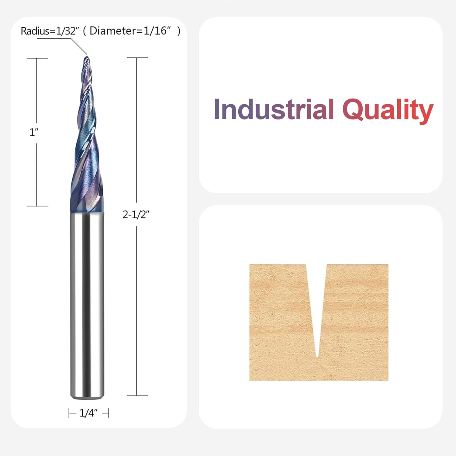 SpeTool W01015 SPE-X Coated CNC 2D and 3D Carving 5.38 Deg Tapered Angle Ball Nose 1/32" Radius x 1/4" Shank x 1" Cutting Length x 2-1/2" Long 2 Flute SC Upcut Router Bit