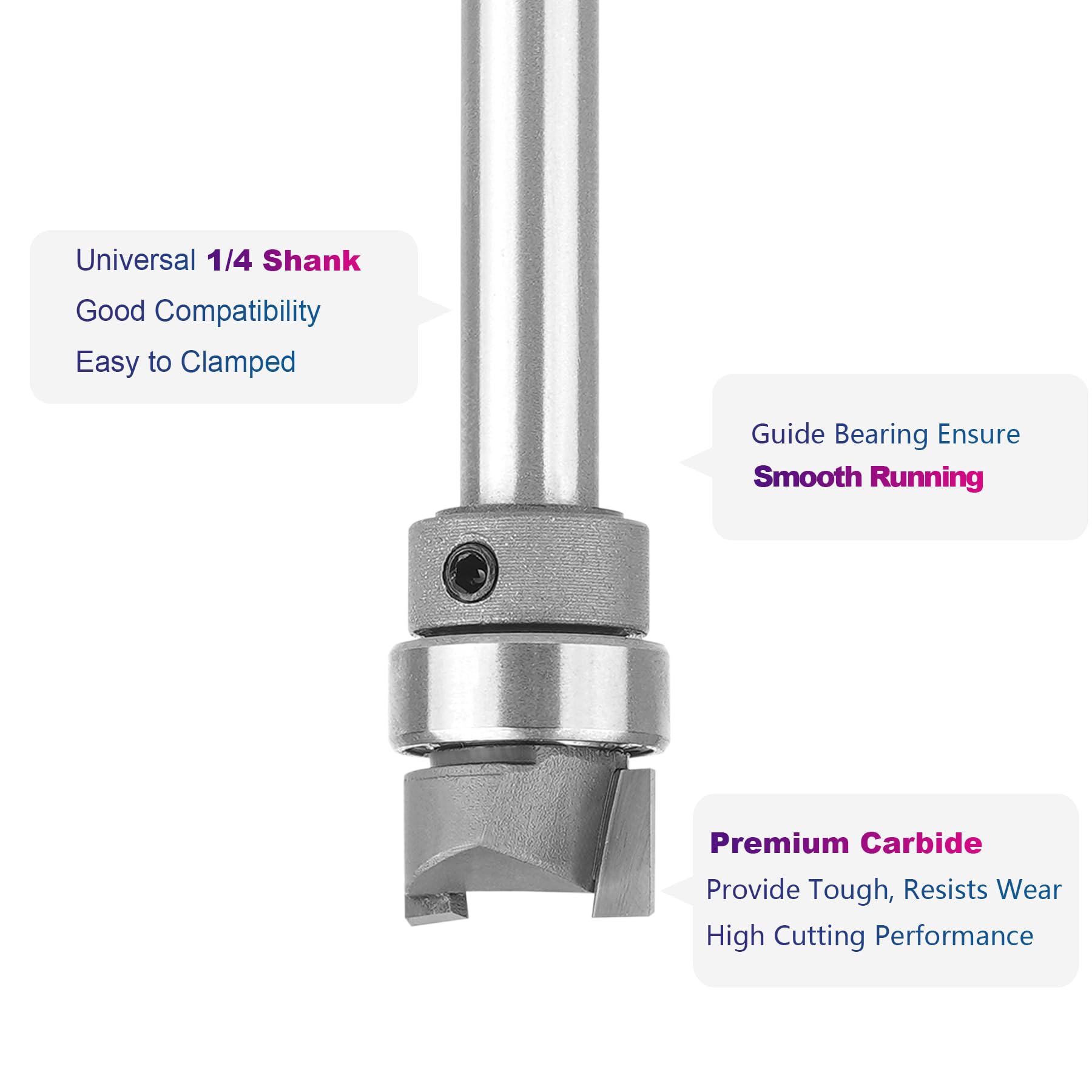 SpeTool W07043 Top Bearing Carbide Pattern Flush Trim 1/2" Dia x 1/4" Shank x 1/4" Cutting Length x 2" Overall Long Template Router Bit