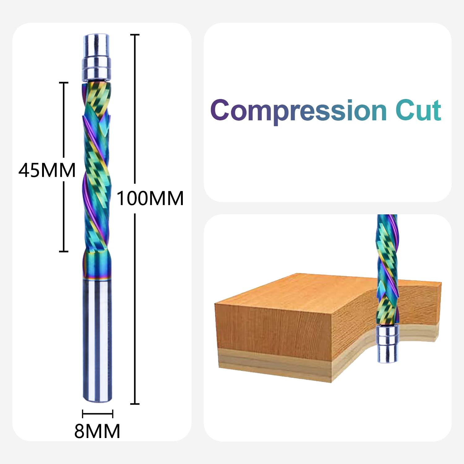 SpeTool EU DLC Coated Solid Carbide Flush Trim Compression Spiral 8mm Dia x 8mm Shank x 45mm Cutting Length x 100mm Long Router Bit