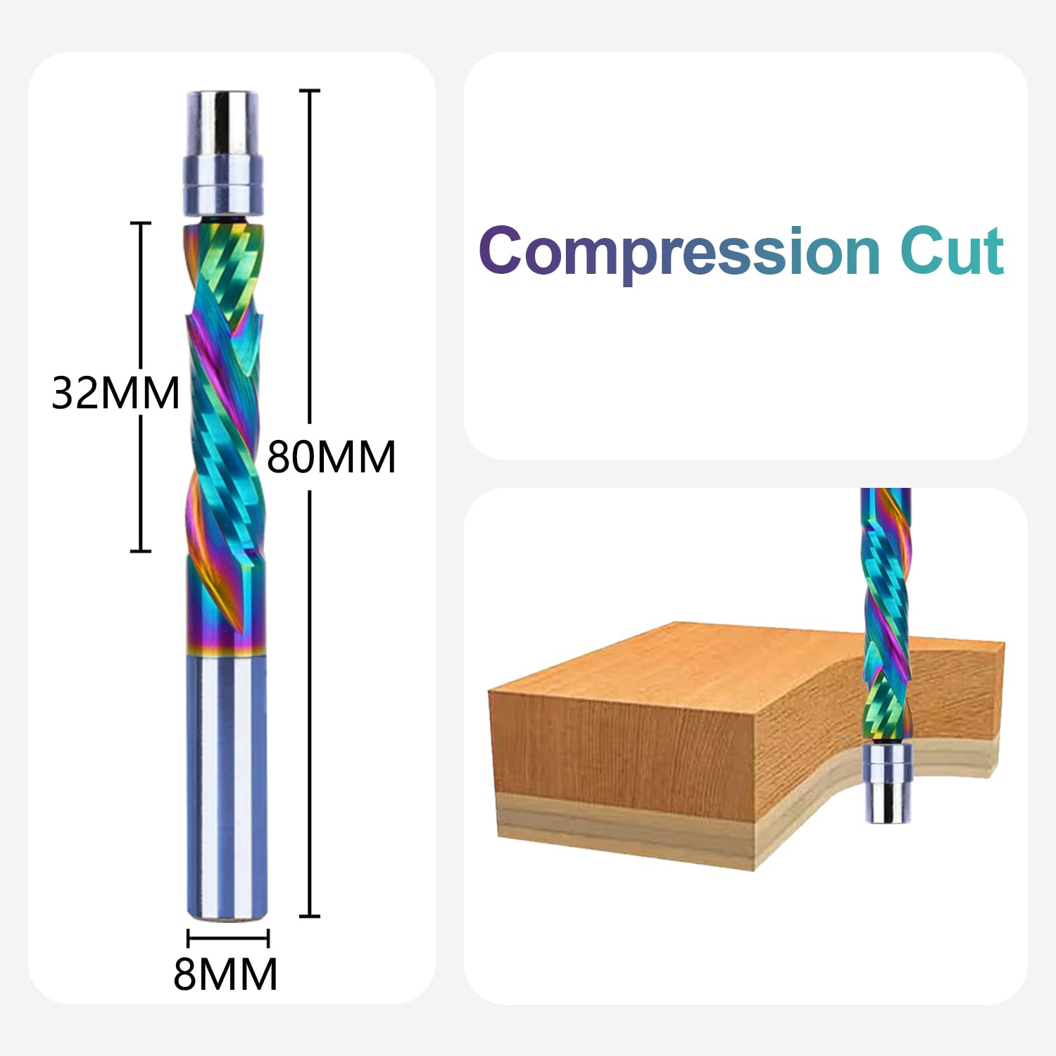 SpeTool EU DLC Coated Solid Carbide Flush Trim Compression Spiral 8mm Dia x 8mm Shank x 32mm Cutting Length x 80mm Long Router Bit