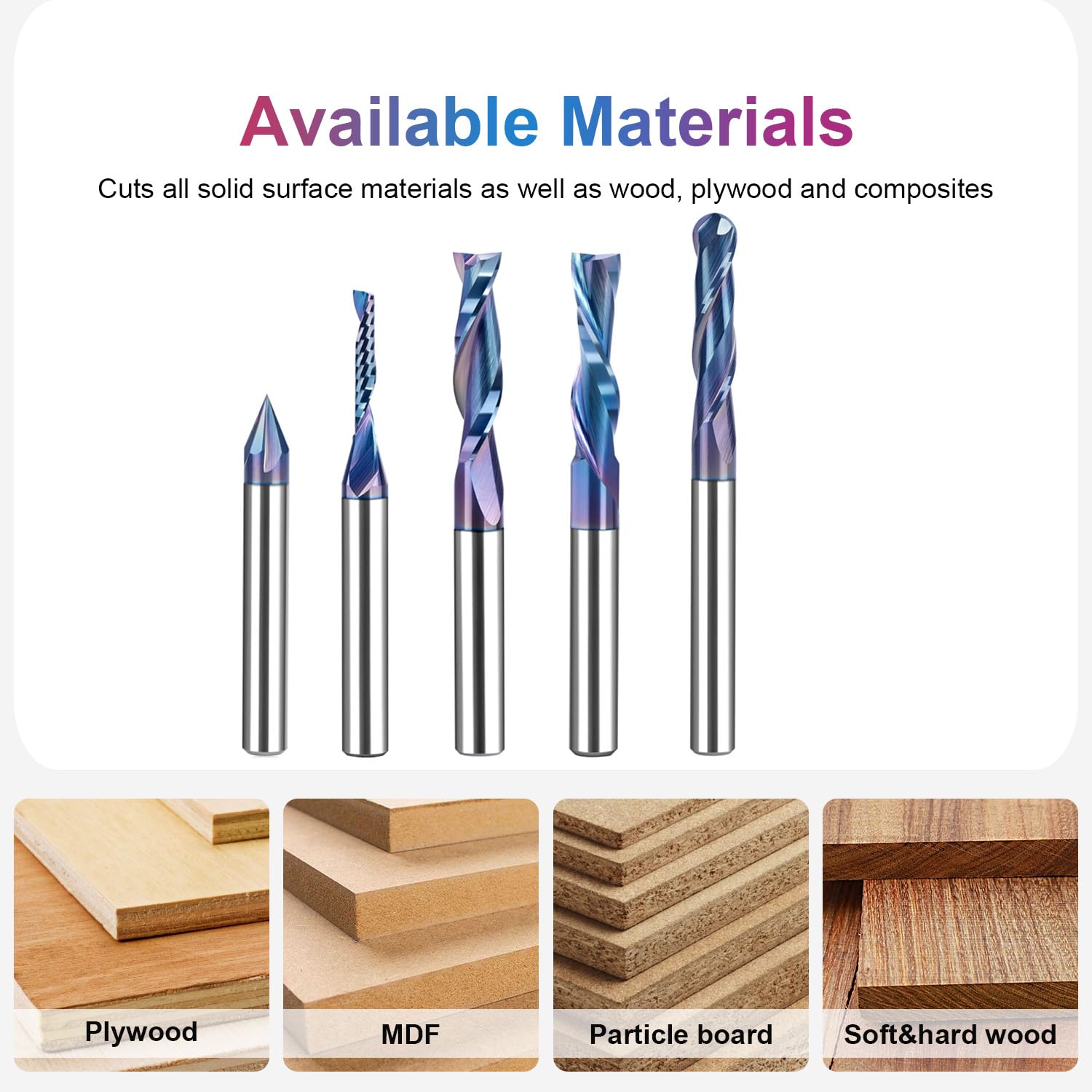 SpeTool WD-9 CNC Router Bits Set, 1/4 Inch Shank, 5 Piece Carbide TAC Coated, Woodworking Engraving Tools