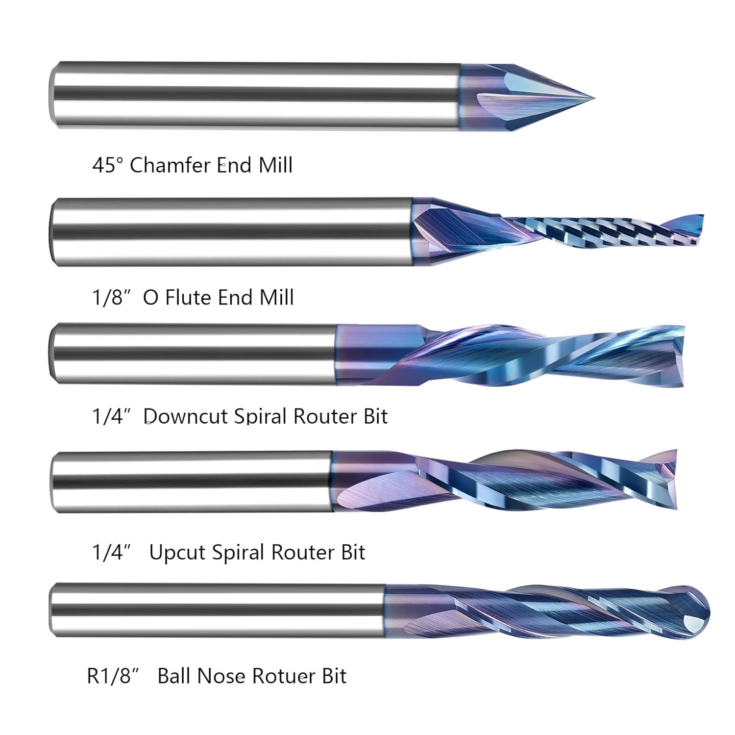 SpeTool WD-9 CNC Router Bits Set, 1/4 Inch Shank, 5 Piece Carbide TAC Coated, Woodworking Engraving Tools