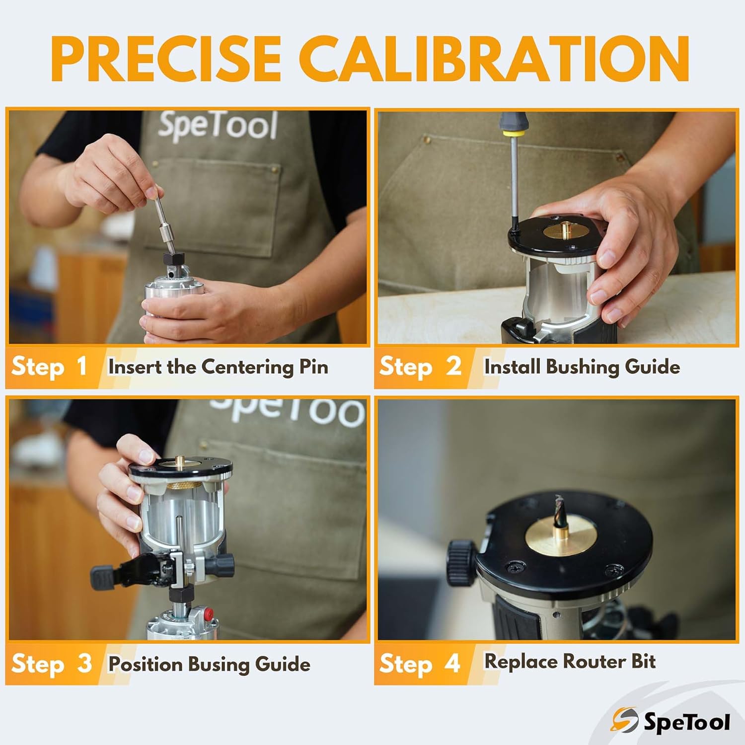 SpeTool CA O06002 10-Piece Brass Router Template Guide Set Porter Cable-Style Bushing Kit with Centering Pin, Cone & Aluminum Case