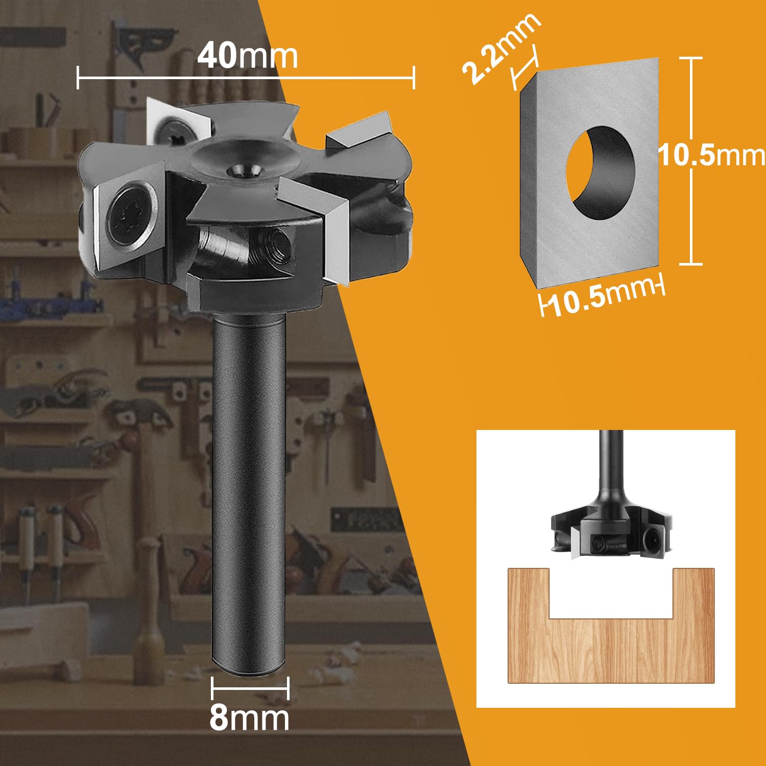 SpeTool EU W05009 4 FLUTES SPOILBOARD 40MM DIA x 8MM SHANK ROUTER BIT & 4 Interchangeable Carbide Blades