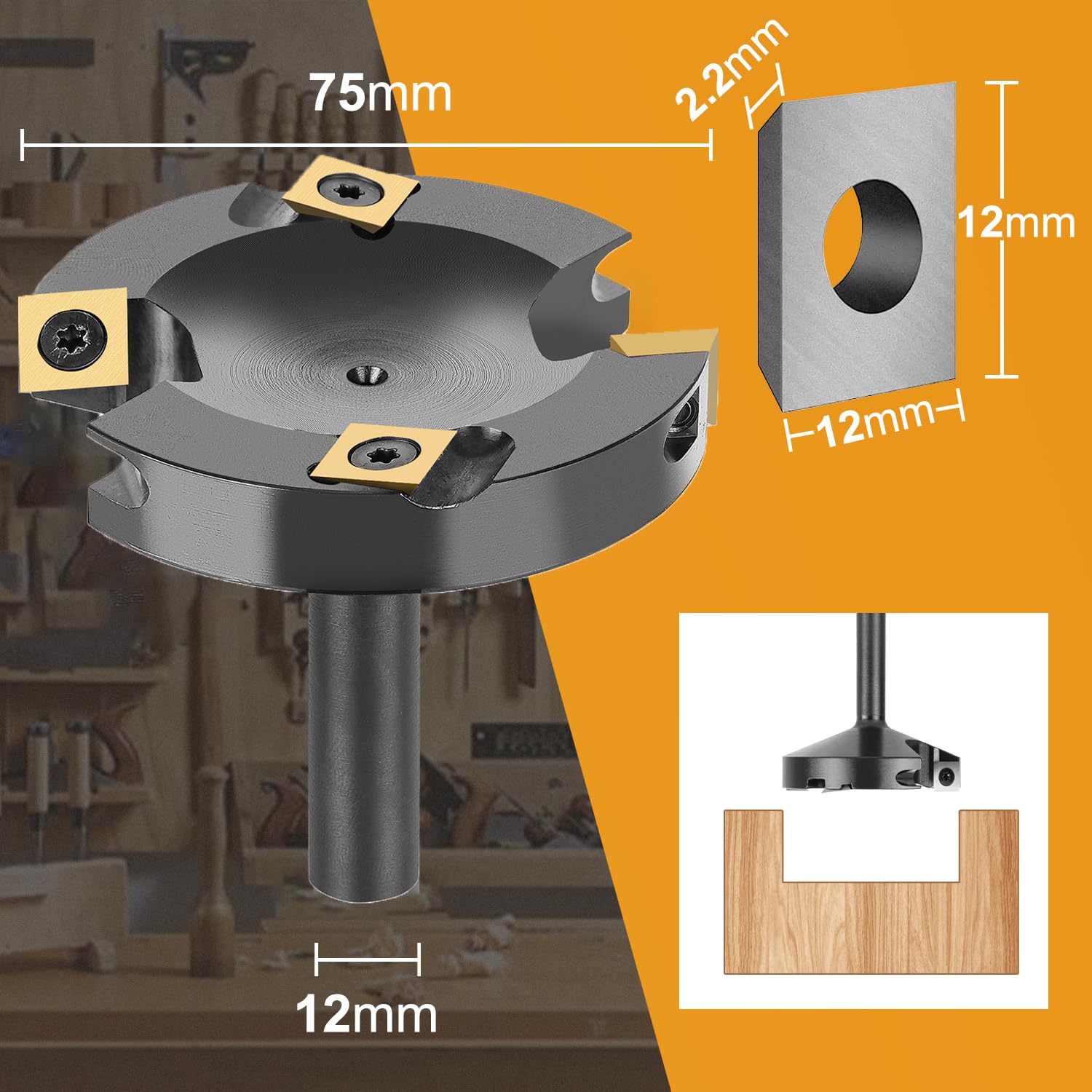 SpeTool EU 2+2 FLUTES SPOILBOARD 75MM DIA x 12MM SHANK ROUTER BIT With ATS Coated Inserts