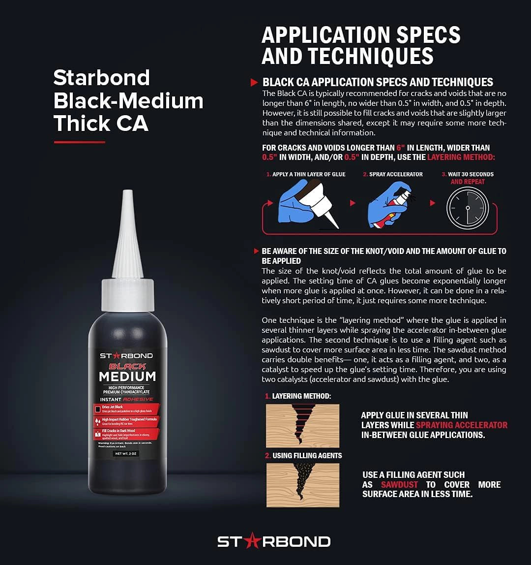 Starbond 2 oz. Black Medium-Thick CA Glue (Premium Cyanoacrylate Super Glue) Knot Filler 500 CPS Viscosity for Woodworking, Woodturning, Carpentry, Guitar, RC Hobby-3