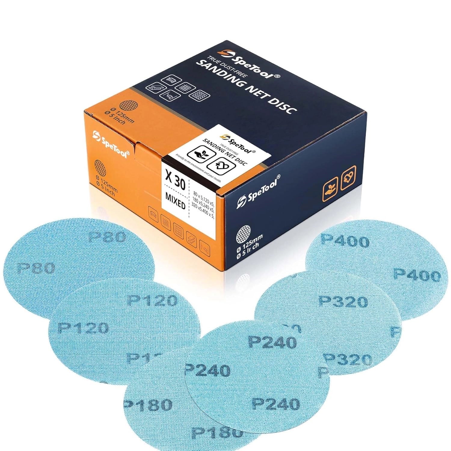 SpeTool 5 Inch Sanding Disc Net Mix-Pack, Grits 80, 120, 180, 240, 320, 400, Ceramic Aluminum Oxide 30 Pieces Mesh Sandpaper, Dustless Hook and Loop Design for Wood, Drywall, Matel Processing