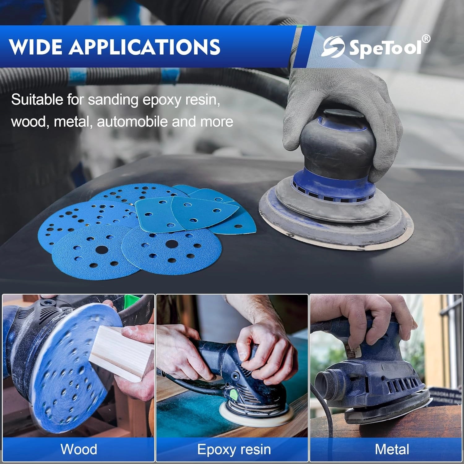 SpeTool 5 Inch 9 Hole Sanding Discs 60 Pack, Heavy Duty Hook & Loop Film Backing Sandpaper Anti-Clog for Random Orbital Sander, Automotive Woodwork -Assorted Grits 80-400