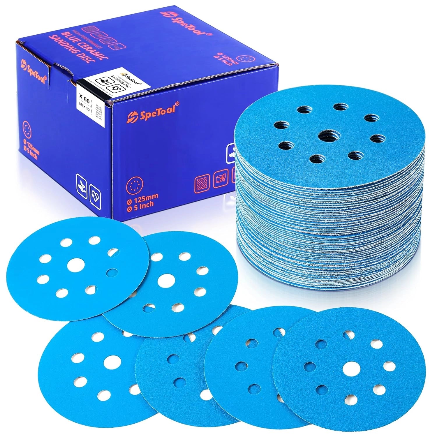 SpeTool 5 Inch 9 Hole Sanding Discs 60 Pack, Heavy Duty Hook & Loop Film Backing Sandpaper Anti-Clog for Random Orbital Sander, Automotive Woodwork -Assorted Grits 80-400