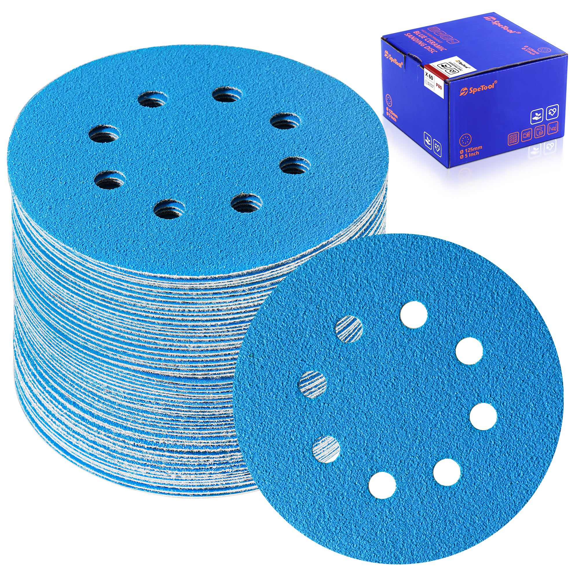 SpeTool CA 5 Inch Sanding Discs 60 Pieces with 8 Hole, Hook and Loop Sandpaper, 10 of Each Grit 80 120 180 240 320 400 for Random Orbital Sander, Ceramic Sand Paper 5 Inch Orbital