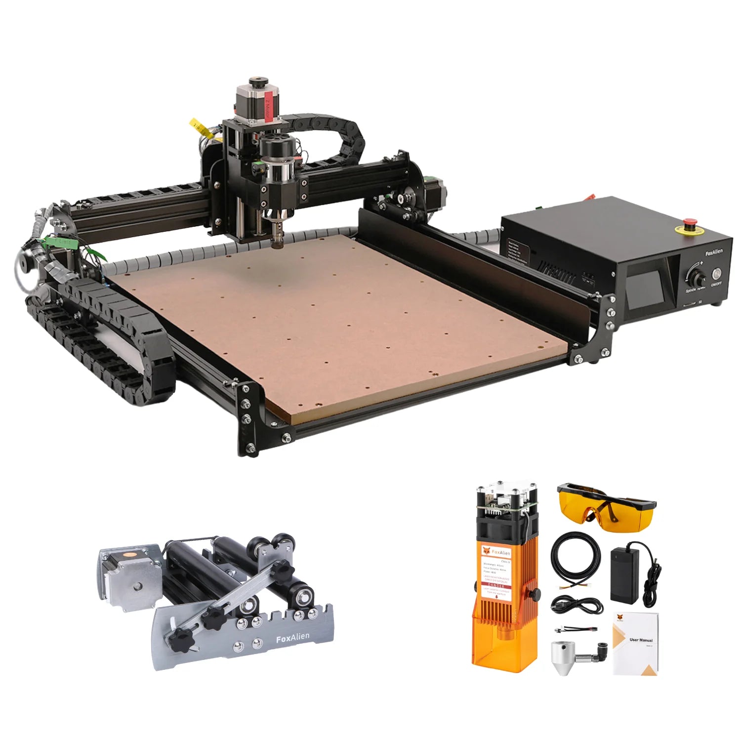 FoxAlien CNC Router 4040-XE with 40W Laser and R57 Rotary Roller Kit-1