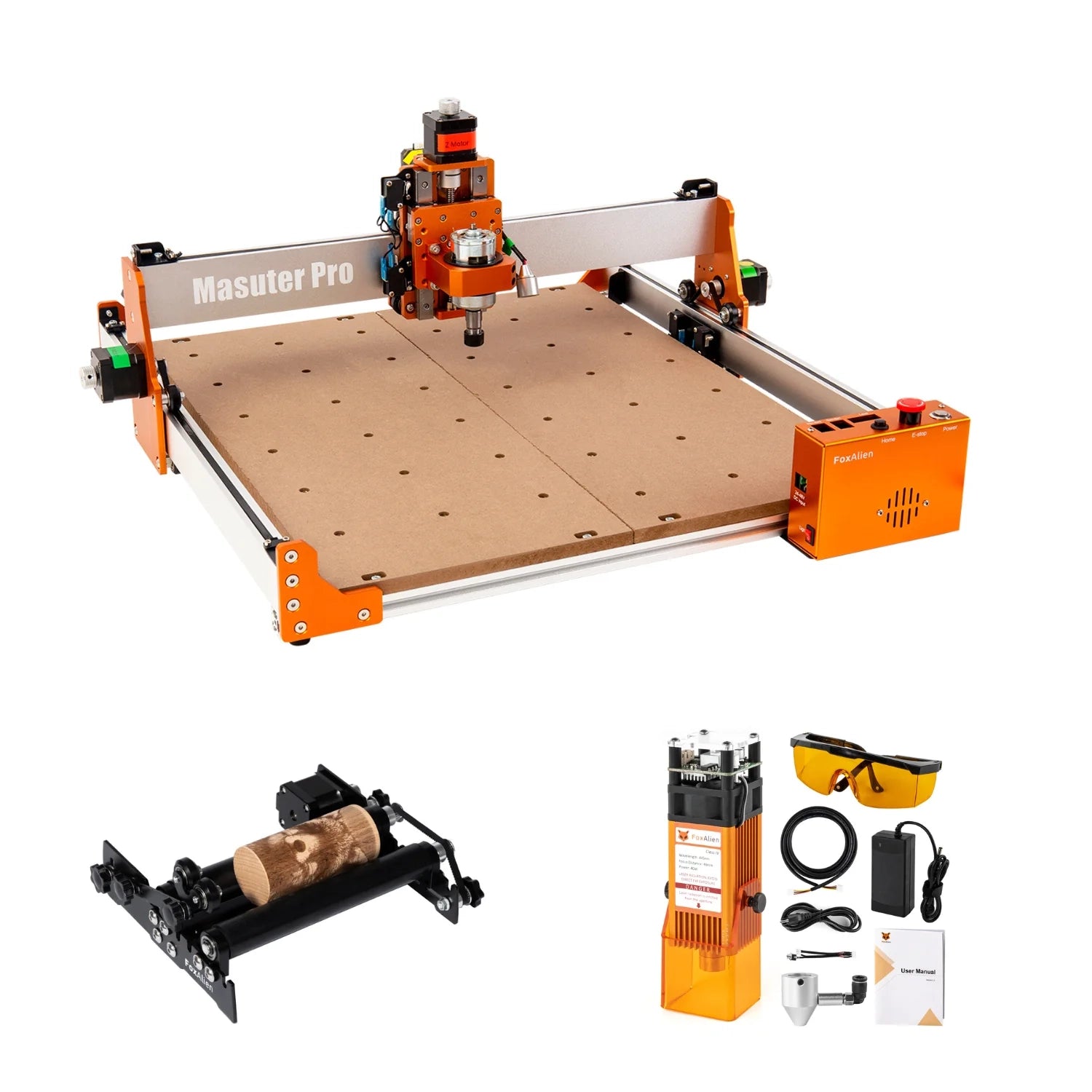 FoxAlien CNC Router Masuter Pro with 40W and Black R42 Rotary Roller Kit