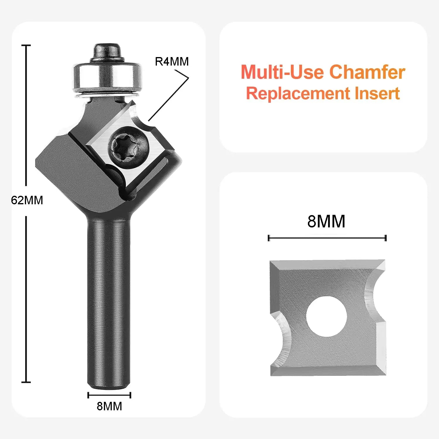 SpeTool EU Insert Corner Round 90 Degree 8mm Blade Chamfer & 4mm Radius x 8mm Shank x 62mm Overall Length Router Bit