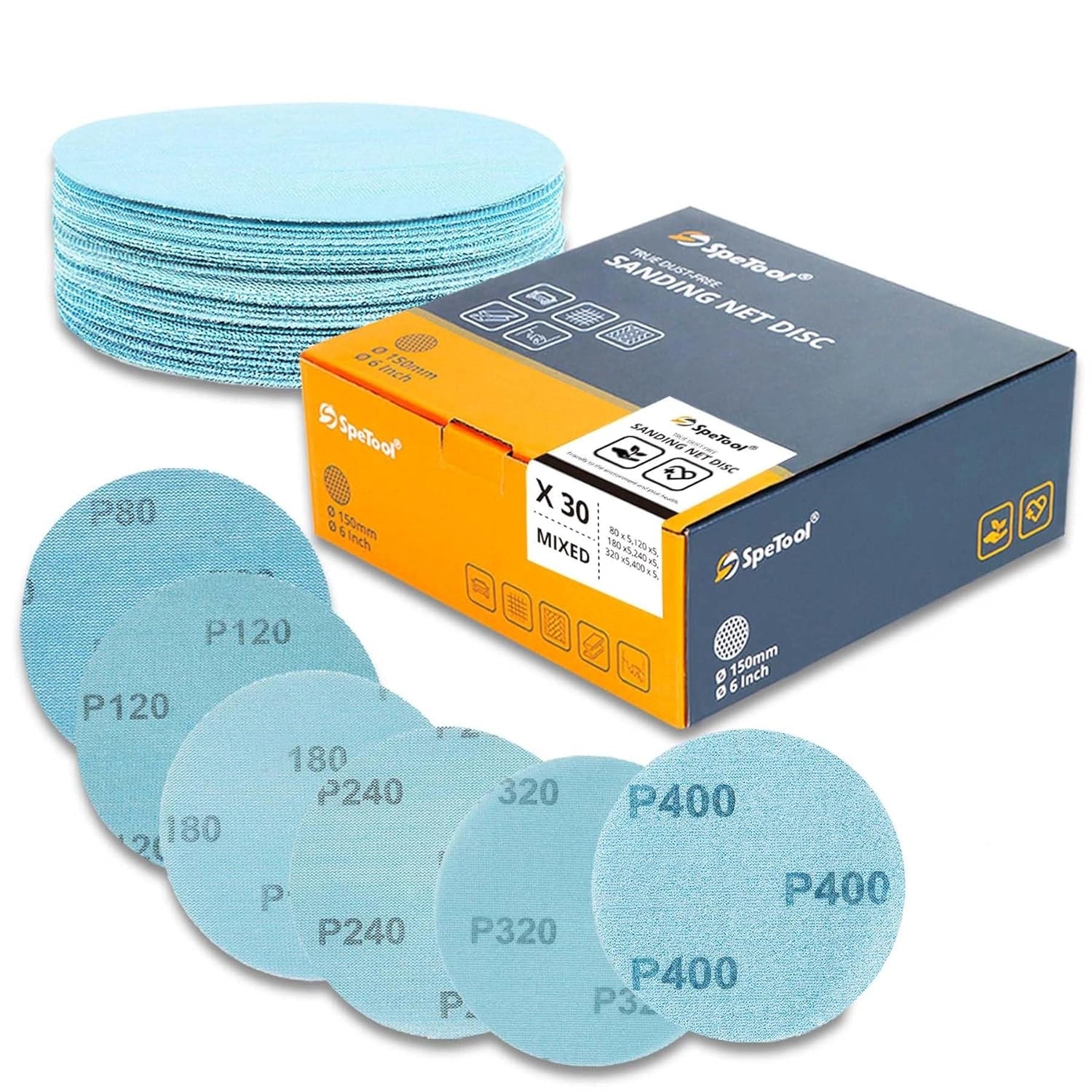 SpeTool EU SpeTool 150mm Mesh Sanding Discs – 30-Pack, Grits 80/120/180/240/320/400, Dust-Free Ceramic & Aluminum Oxide Net Sandpaper for Wood, Metal, Drywall, Epoxy