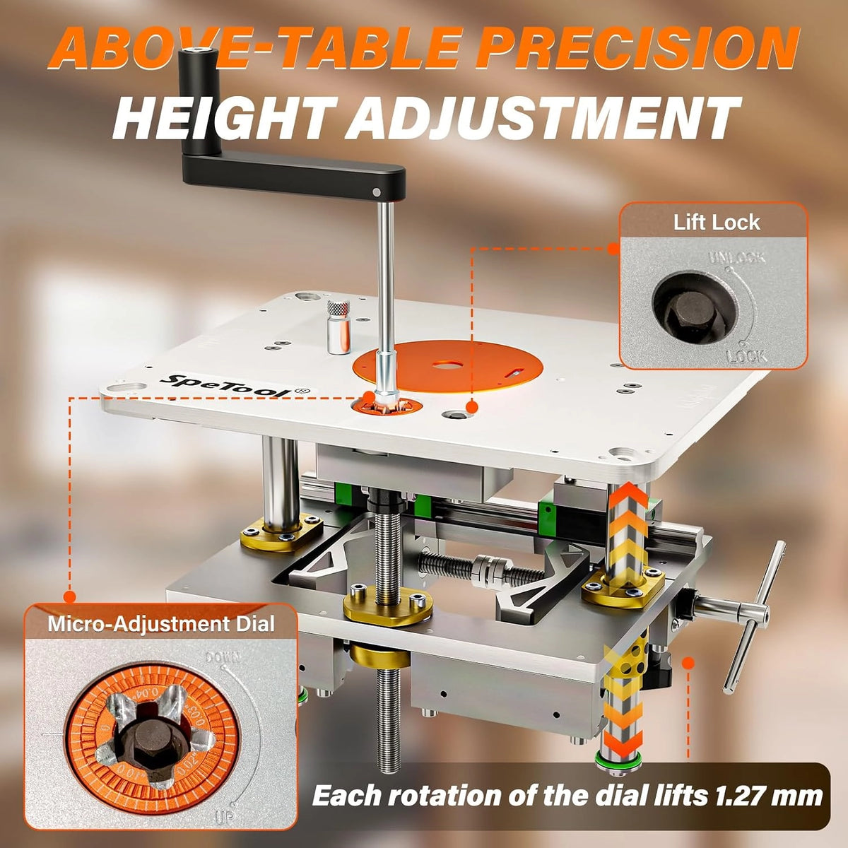 SpeTool P01005 Precision Router Lift Pro，Upgraded 0.001" Precision Micro-Adjust, Works with 1.25-3.25HP Routers,360° Mesh Clamping,Included DIY Kit,Magnetic Router Table Insert Plate for Most Routers