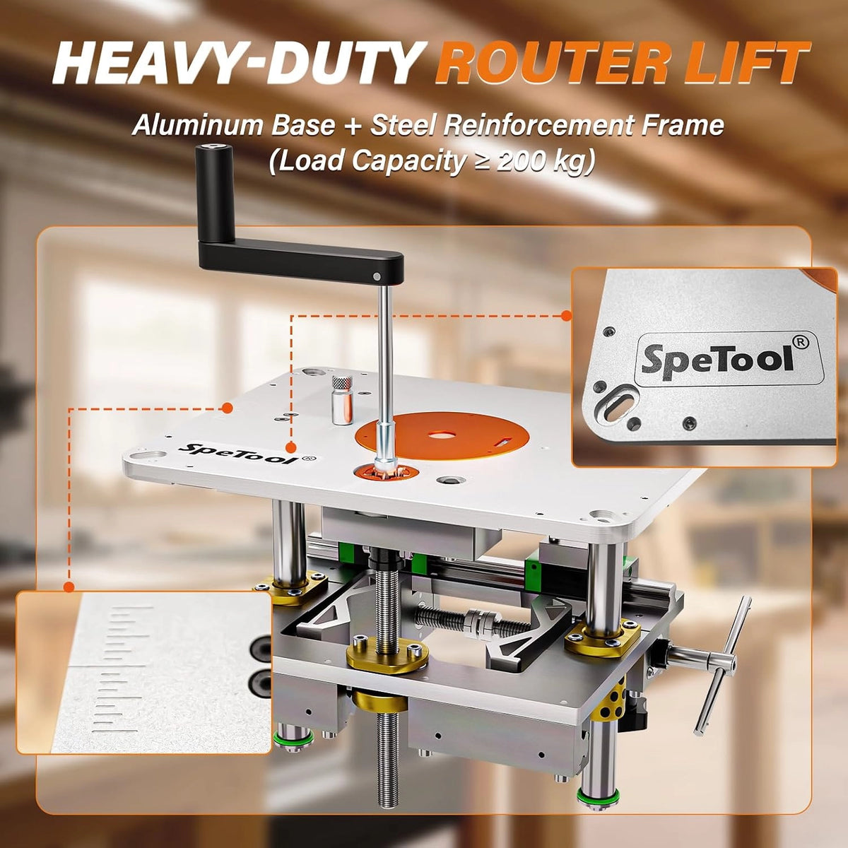 SpeTool P01005 Precision Router Lift Pro，Upgraded 0.001" Precision Micro-Adjust, Works with 1.25-3.25HP Routers,360° Mesh Clamping,Included DIY Kit,Magnetic Router Table Insert Plate for Most Routers