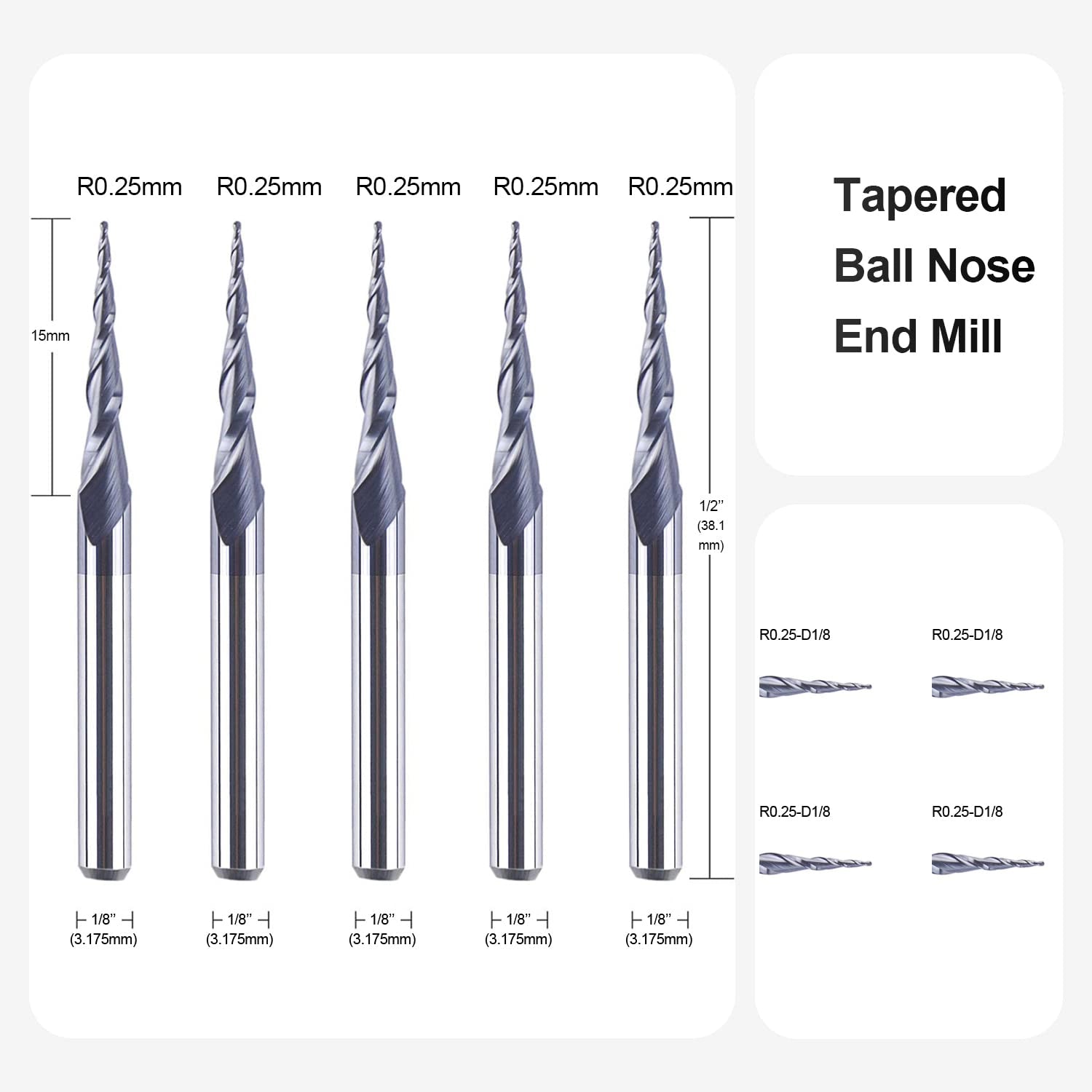SpeTool DE W01001 5Pcs CNC 2D and 3D Carving 5.12 Deg Tapered Angle Ball Nose 0.25mm Radius x 3.175mm Shank x 15mm Cutting Length x 38.1mm Long 2 Flute SC TiAlN Coated Upcut Router Bits