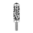 A router bit with a black steel body and silver-colored carbide inserts arranged in a spiral pattern around the shank.