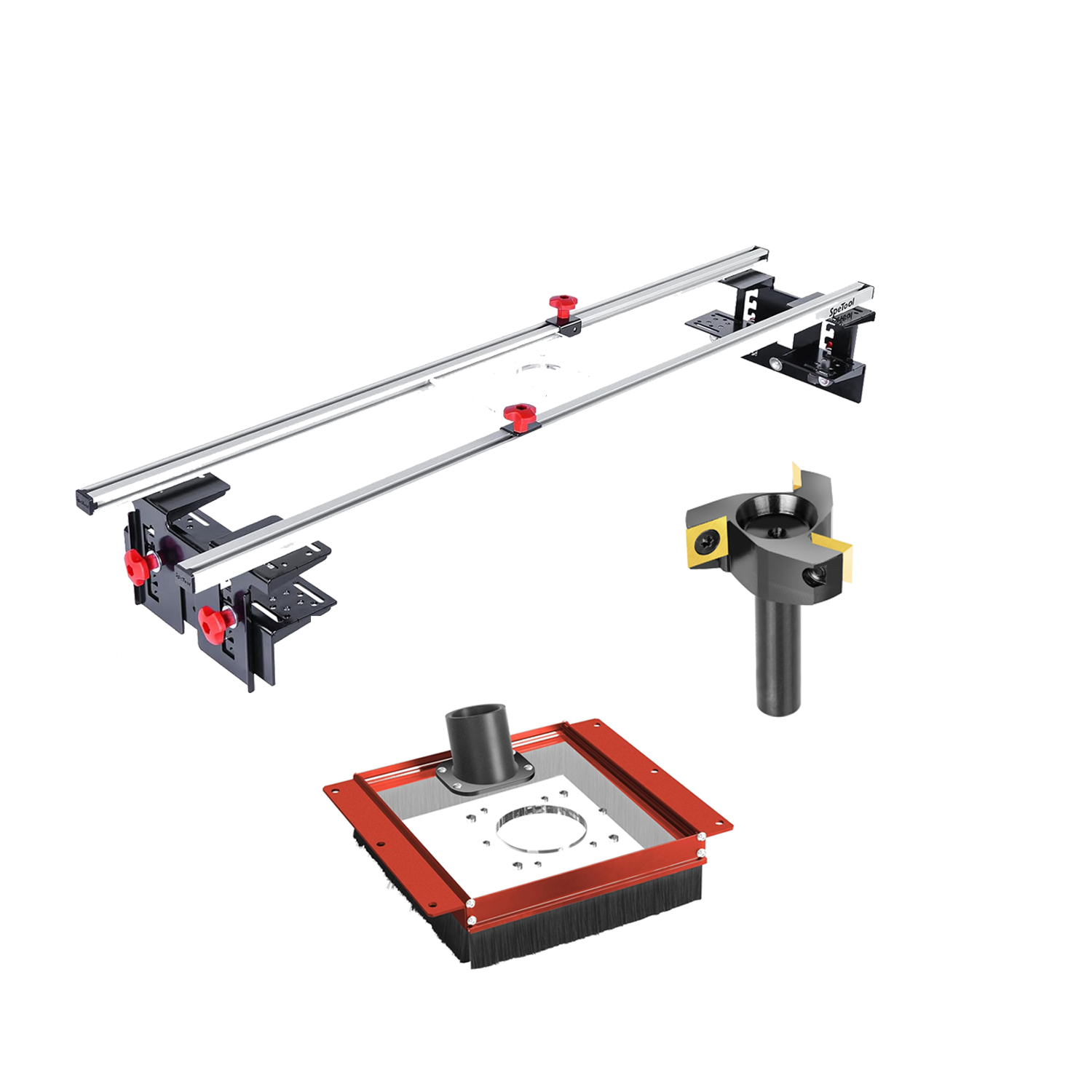 SpeTool S01001 Router Sled & S01002 Dust Collection Shroud & W05002 ATS Coated Surfacing Router Bit Bundle Set