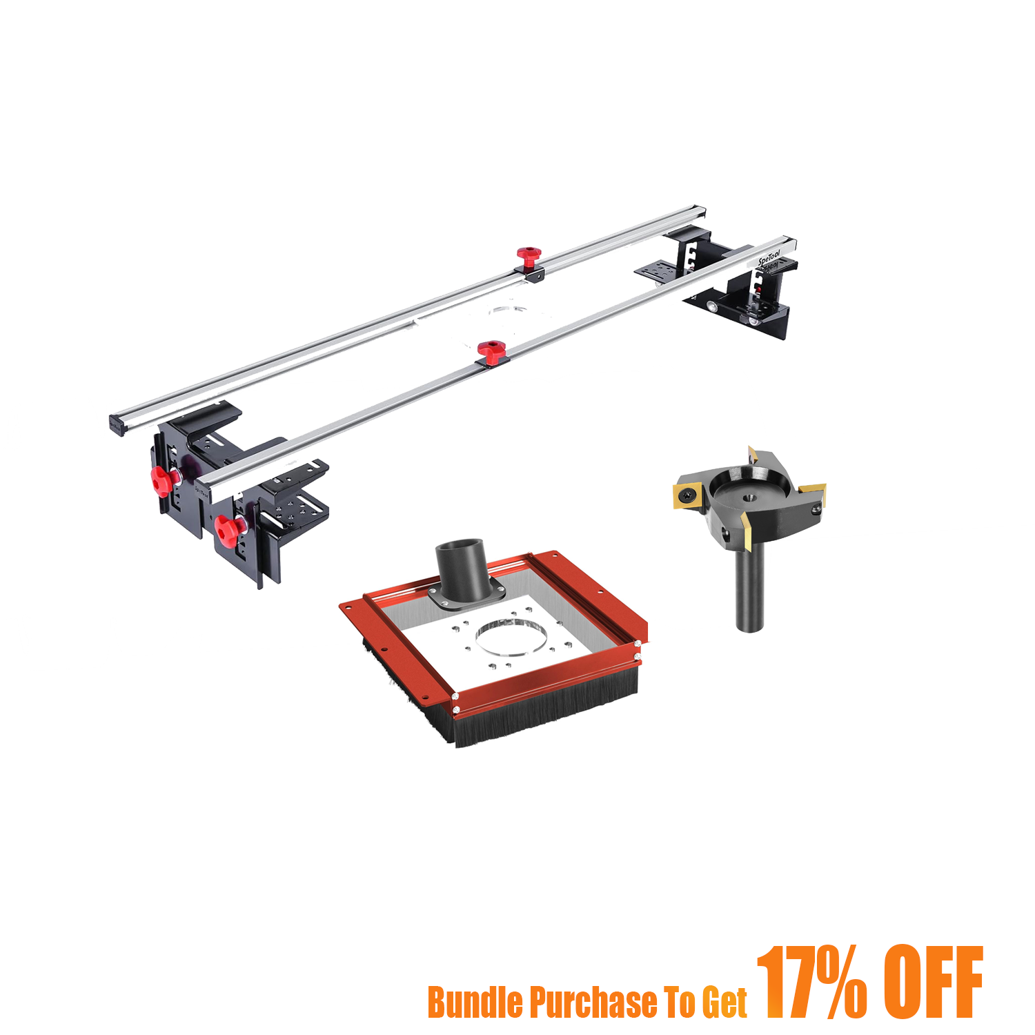 SpeTool S01001 Router Sled & S01002 Dust Collection Shroud & W05003 ATS Coated Surfacing Router Bit Bundle Set