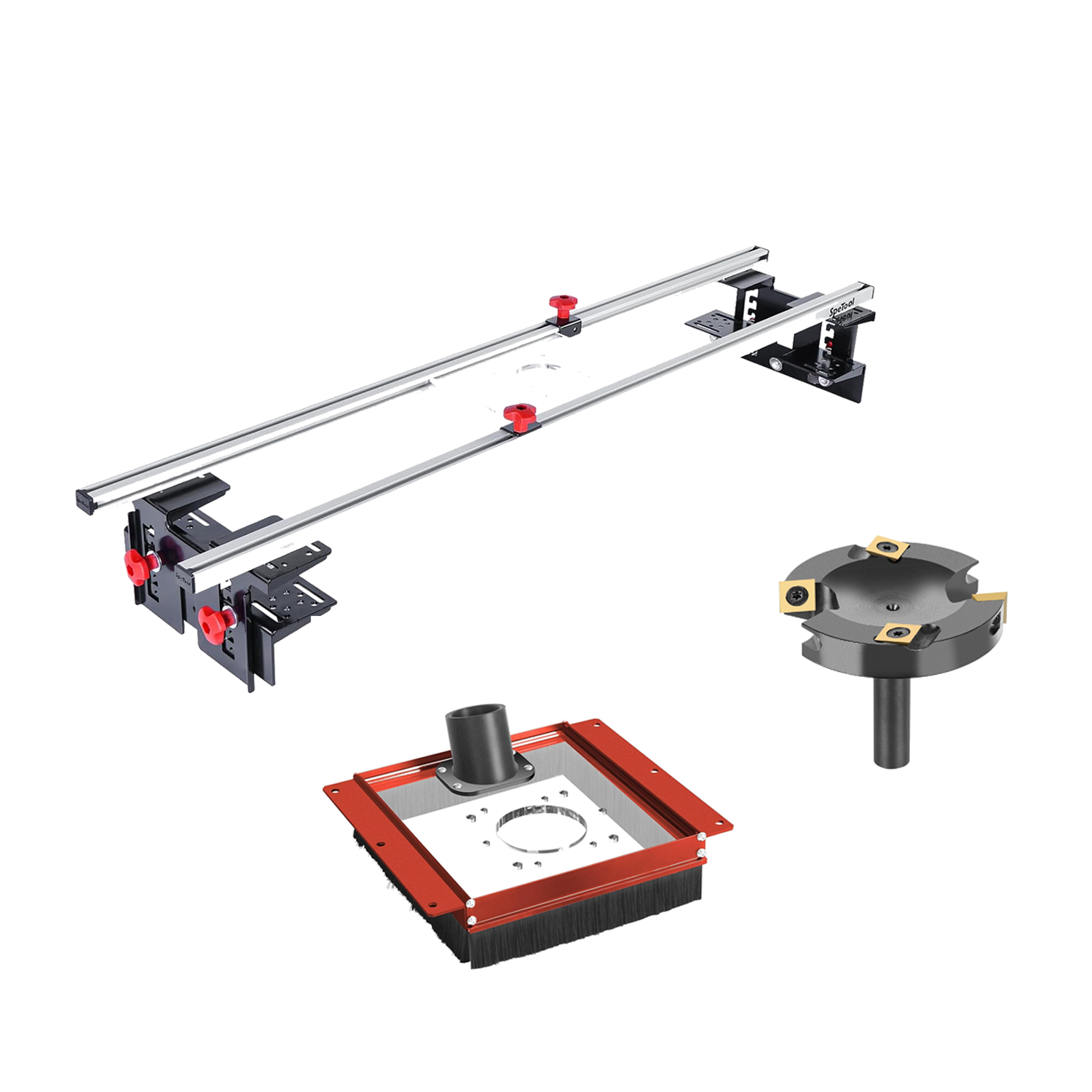 SpeTool S01001 Router Sled & S01002 Dust Collection Shroud & W05010 ATS Coated Surfacing Router Bit Bundle Set