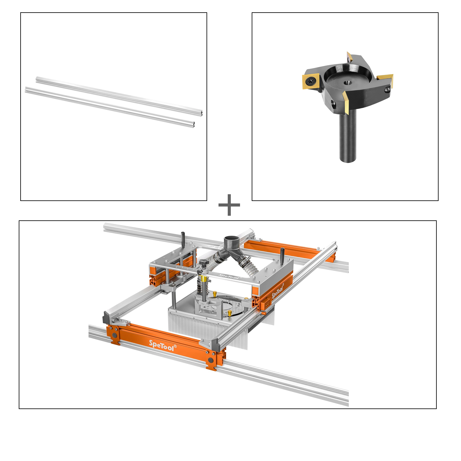 SpeTool S03001 Xpert Router Sled & O05003 Extending Linear Rails & W05003 ATS Coated Surfacing Router Bit Bundle Set