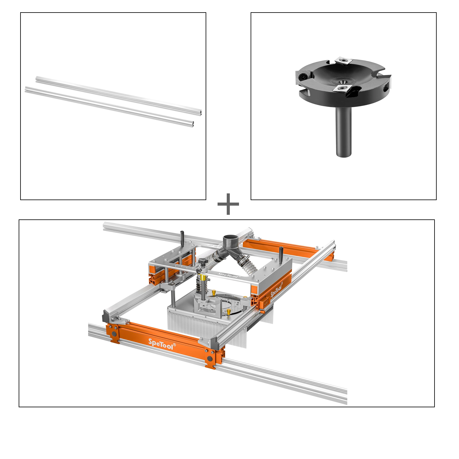 SpeTool S03001 Xpert Router Sled & O05003 Extending Linear Rails & W05010 Surfacing Router Bit Bundle Set