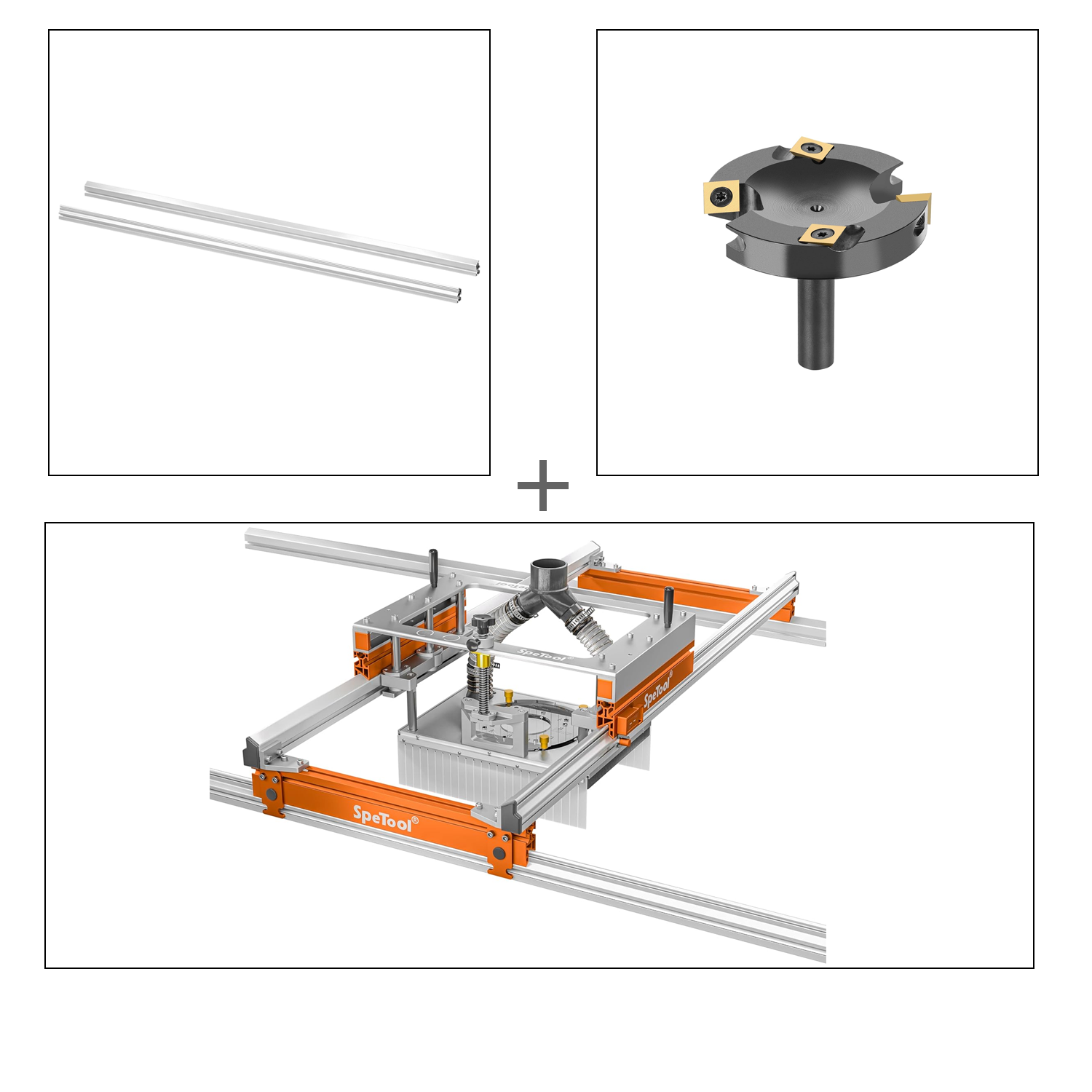 SpeTool S03001 Xpert Router Sled & O05003 Extending Linear Rails & W05010 ATS Coated Surfacing Router Bit Bundle Set