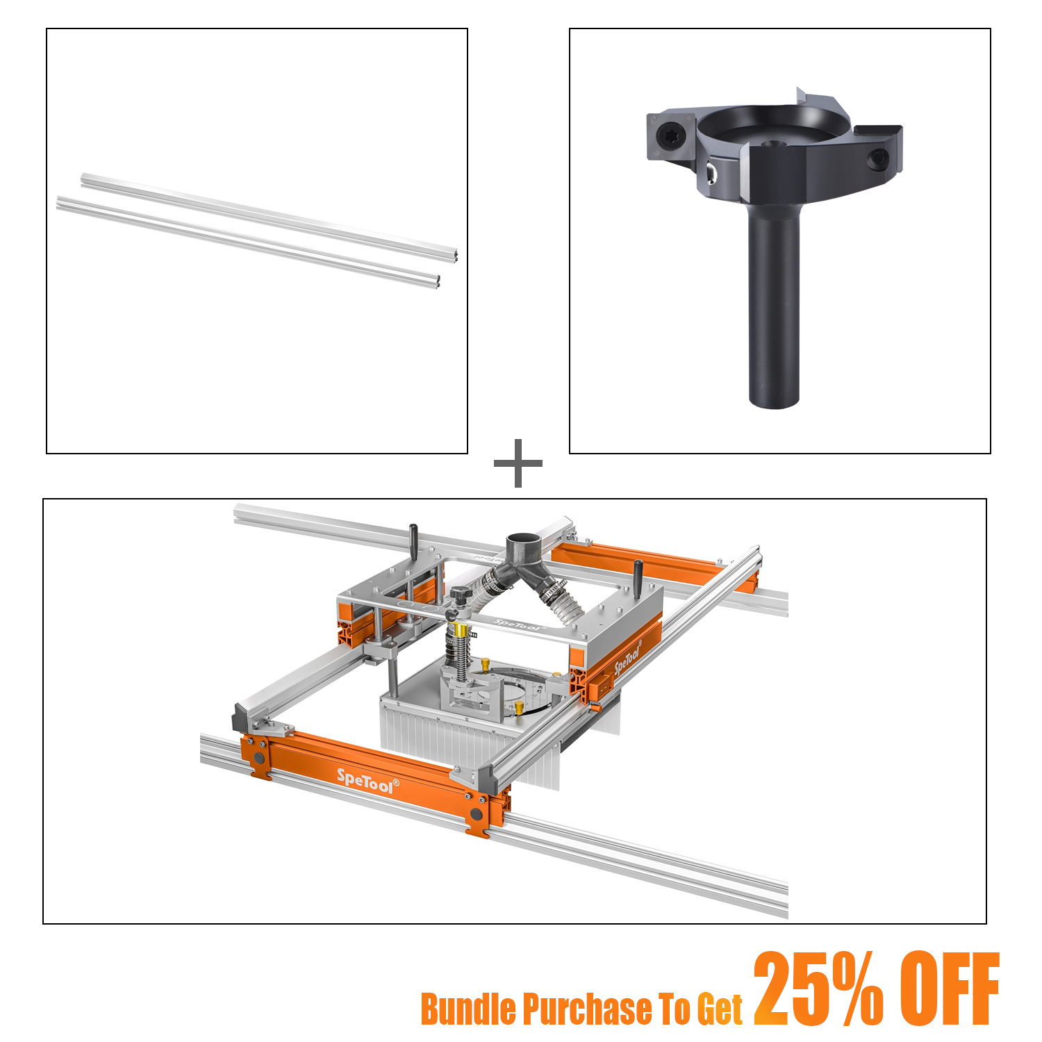 SpeTool S03001 Xpert Router Sled & O05003 Extending Linear Rails & W05003 Surfacing Router Bit Bundle Set