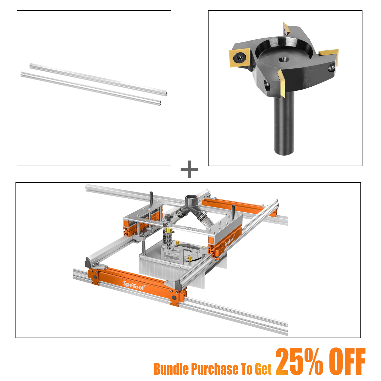 SpeTool S03001 Xpert Router Sled & O05003 Extending Linear Rails & W05003 ATS Coated Surfacing Router Bit Bundle Set