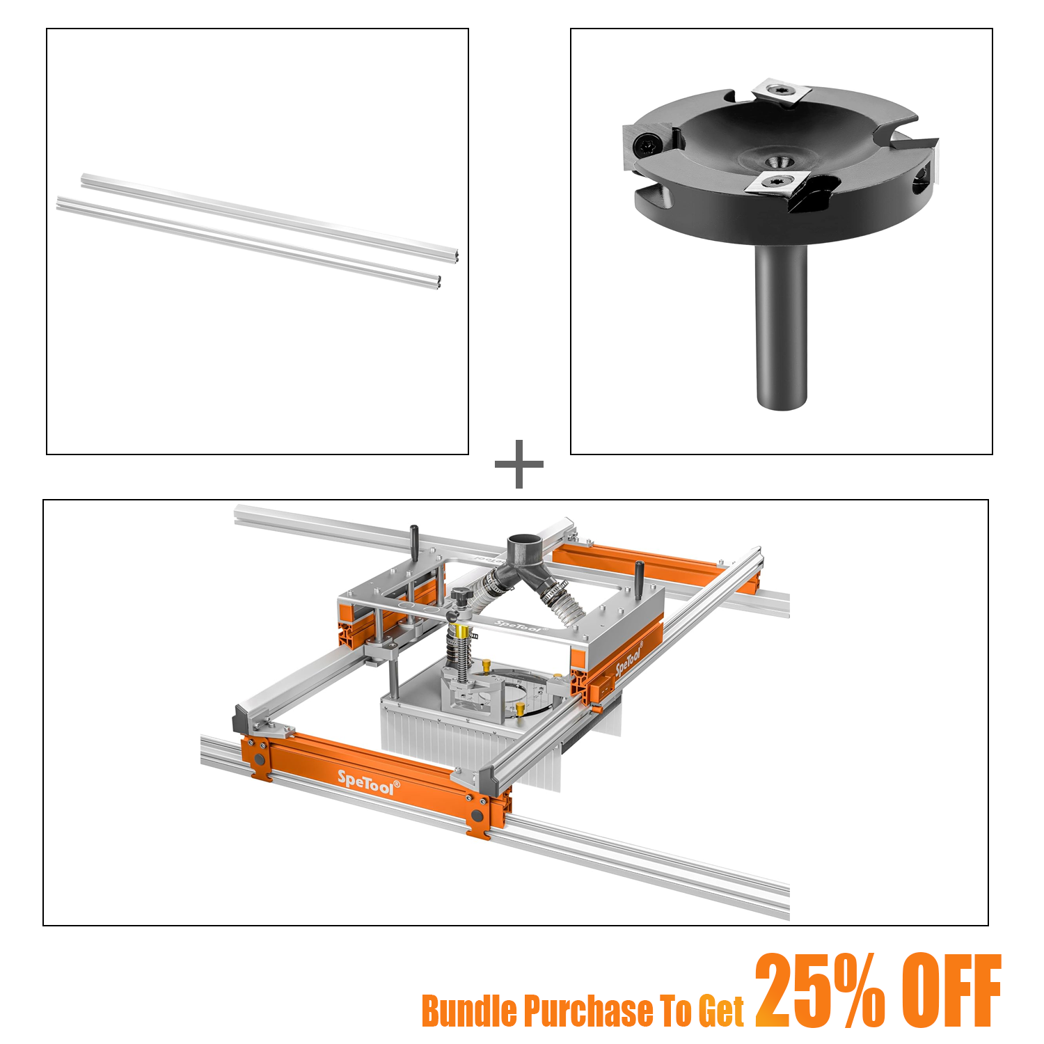 SpeTool S03001 Xpert Router Sled & O05003 Extending Linear Rails & W05010 Surfacing Router Bit Bundle Set